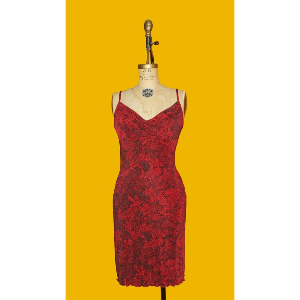 NWT. Y2K FINESSE U.S.A. MONSTERA Print Glitter Dress W/Lettuce Trim & Hem. S-M